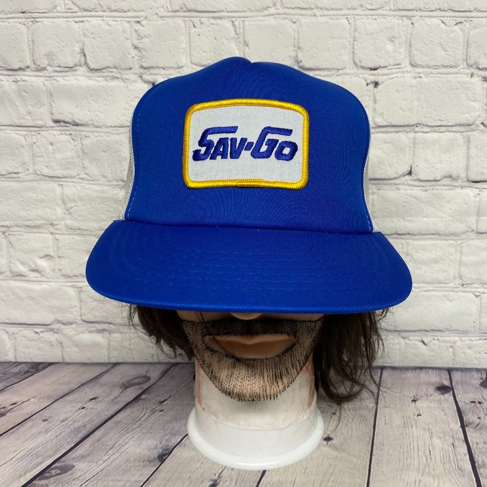 Vintage Hat Cap Snapback Blue White Trucker Mesh SAV-GO Embroidered Logo Patch